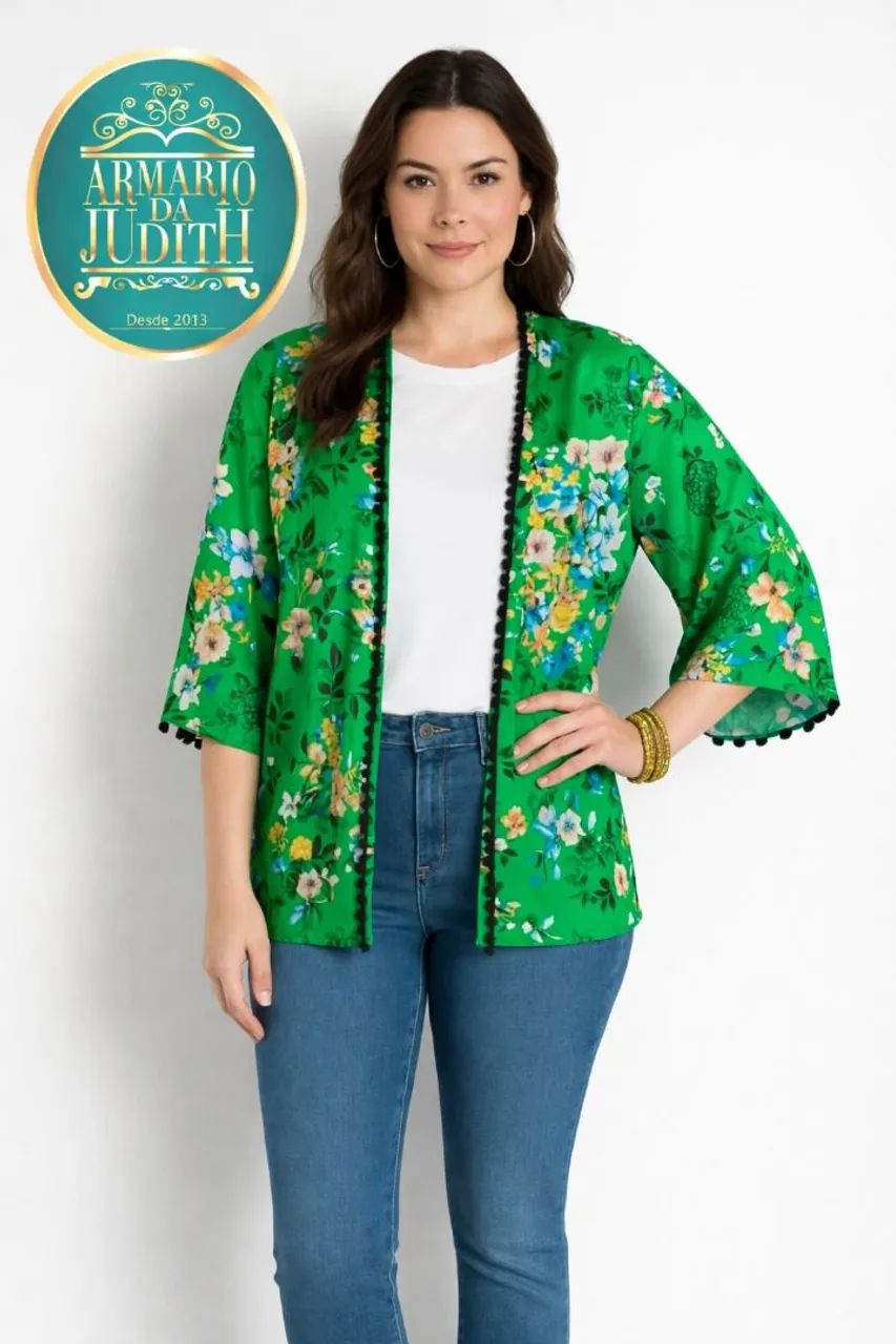 Blusa Feminina Kimono Floral Com Pompons Tecido Estampado - Foto 5