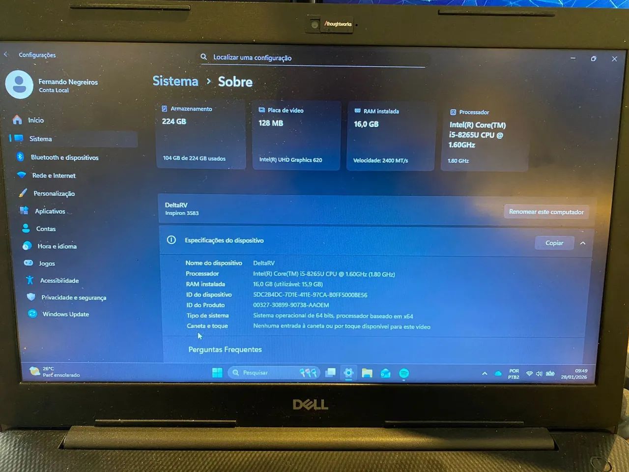 Notebook Dell Inspiron 3583 i5 | 16GB RAM | SSD 256GB | Windows 11 