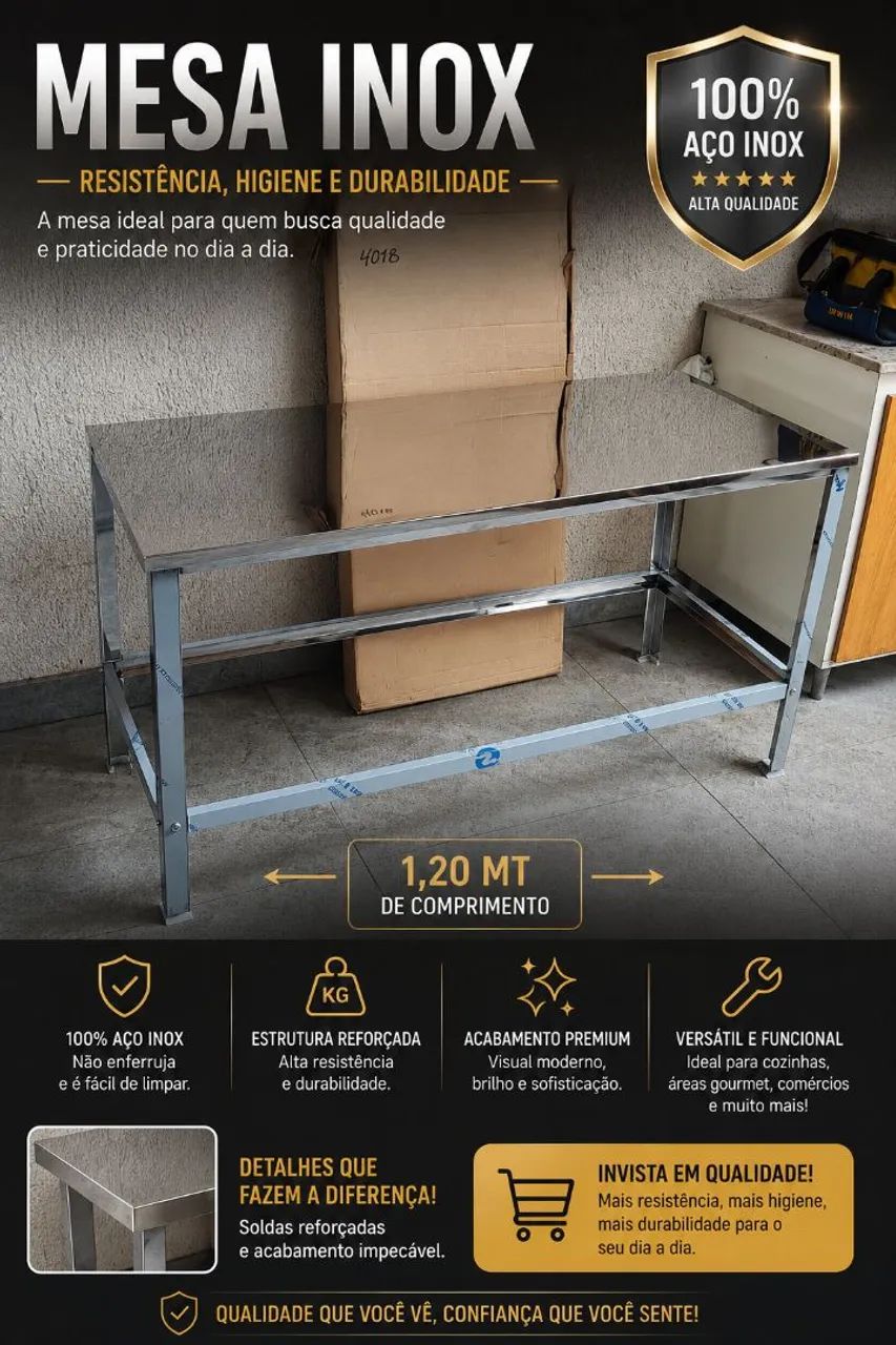 Mesa Bancada Multifuncional Inox 1,20m 