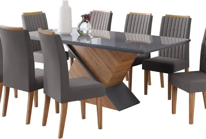 Mesa de Jantar com Tampo de Vidro e 8 Cadeiras Modernas Cinza - Foto 2