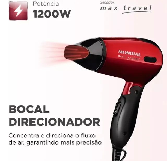 Secador de Cabelo Mondial Max Travel 1200W Vermelho-Preto Bivolt Novo com Garantia - Foto 2