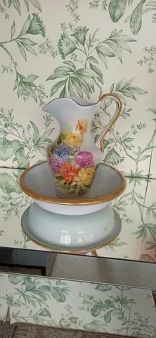 Vaso Jarra com Bacia Porcelana pintado à mão 26cmx47cm Excelente Estado decoração mesa