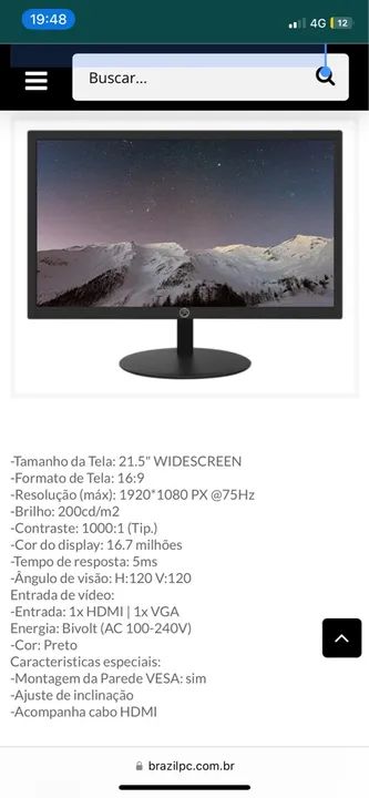 Monitor 21.5'' Widescreen Full HD 1920x1080 75Hz HDMI VGA