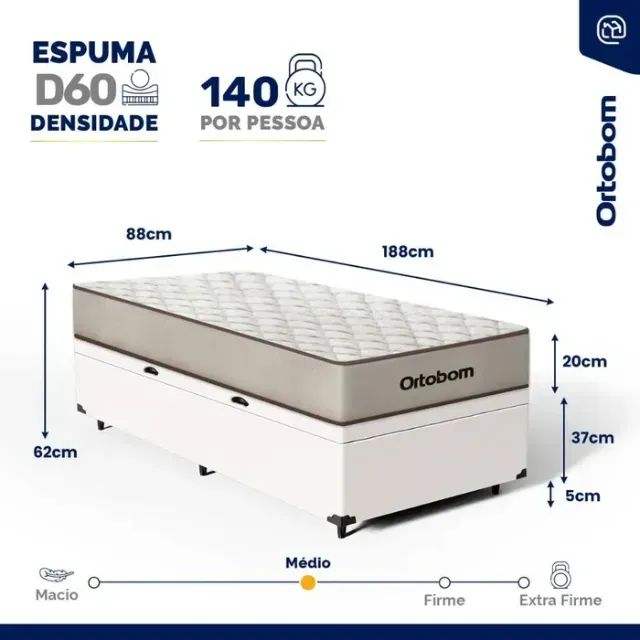 Colchão Solteiro Premium Ortobom e Base Baú Solteiro Suede cor Branco - Foto 2