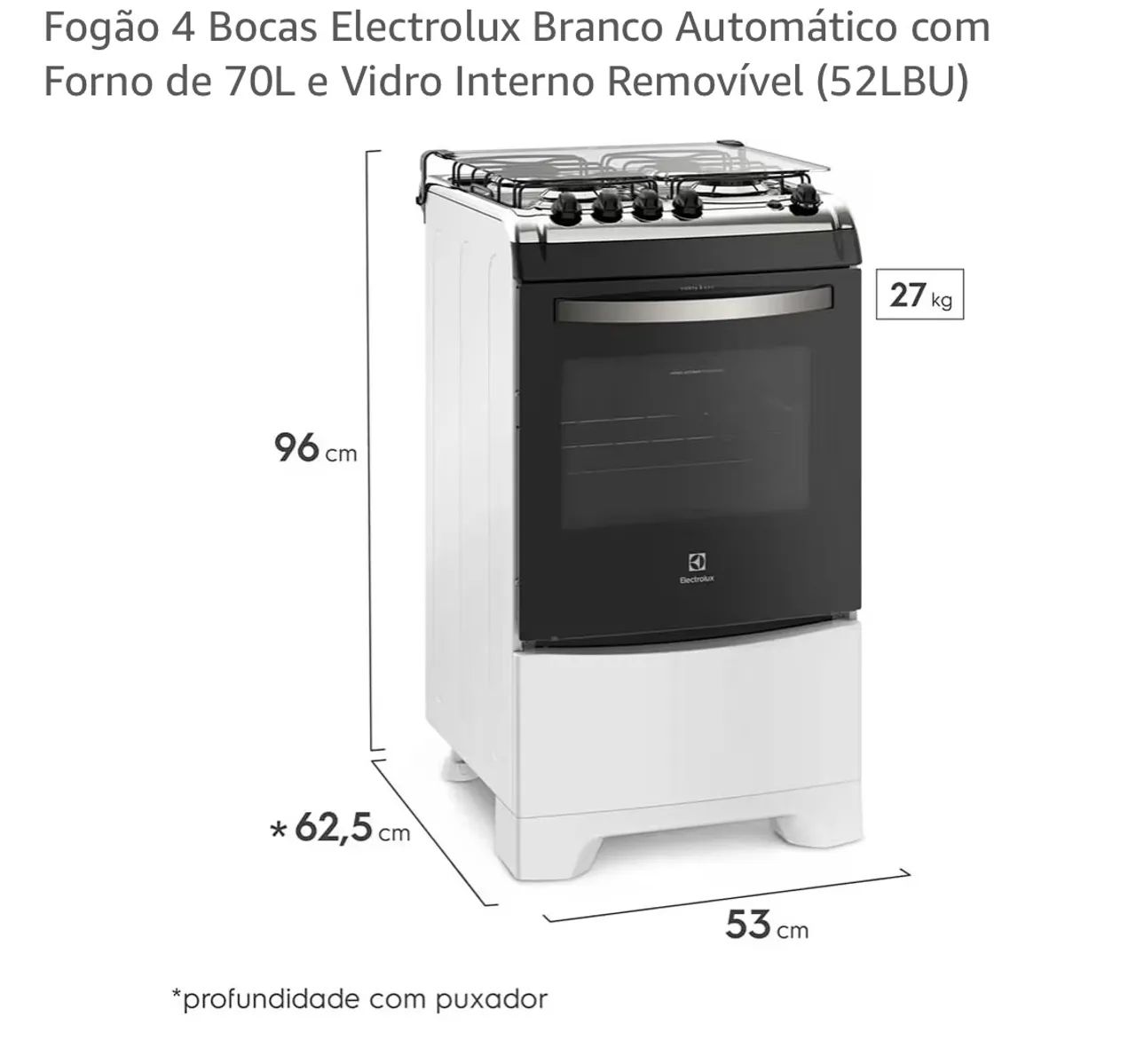 Fogão Electrolux 4 bocas, forno 70 L, autom.. , 52 LBU, branco c/ tampo vidro temperado.  - Foto 3