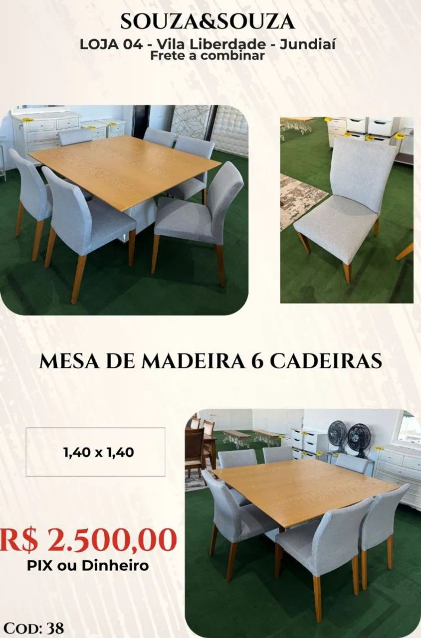 Mesa quadrada de madeira com 6 cadeiras