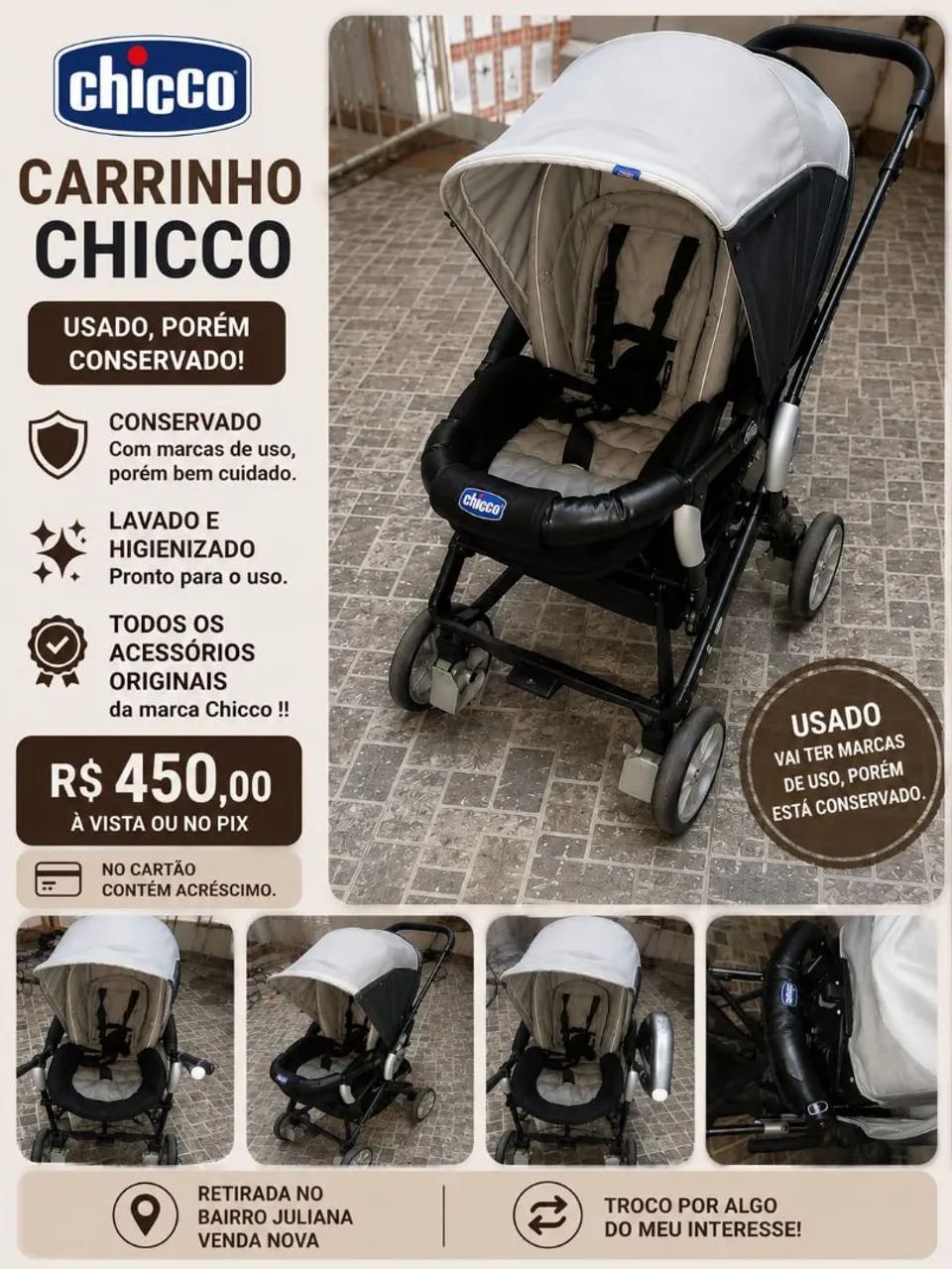 Vendo carrinho da marca Chicco e bebê conforto tudo original e conservado