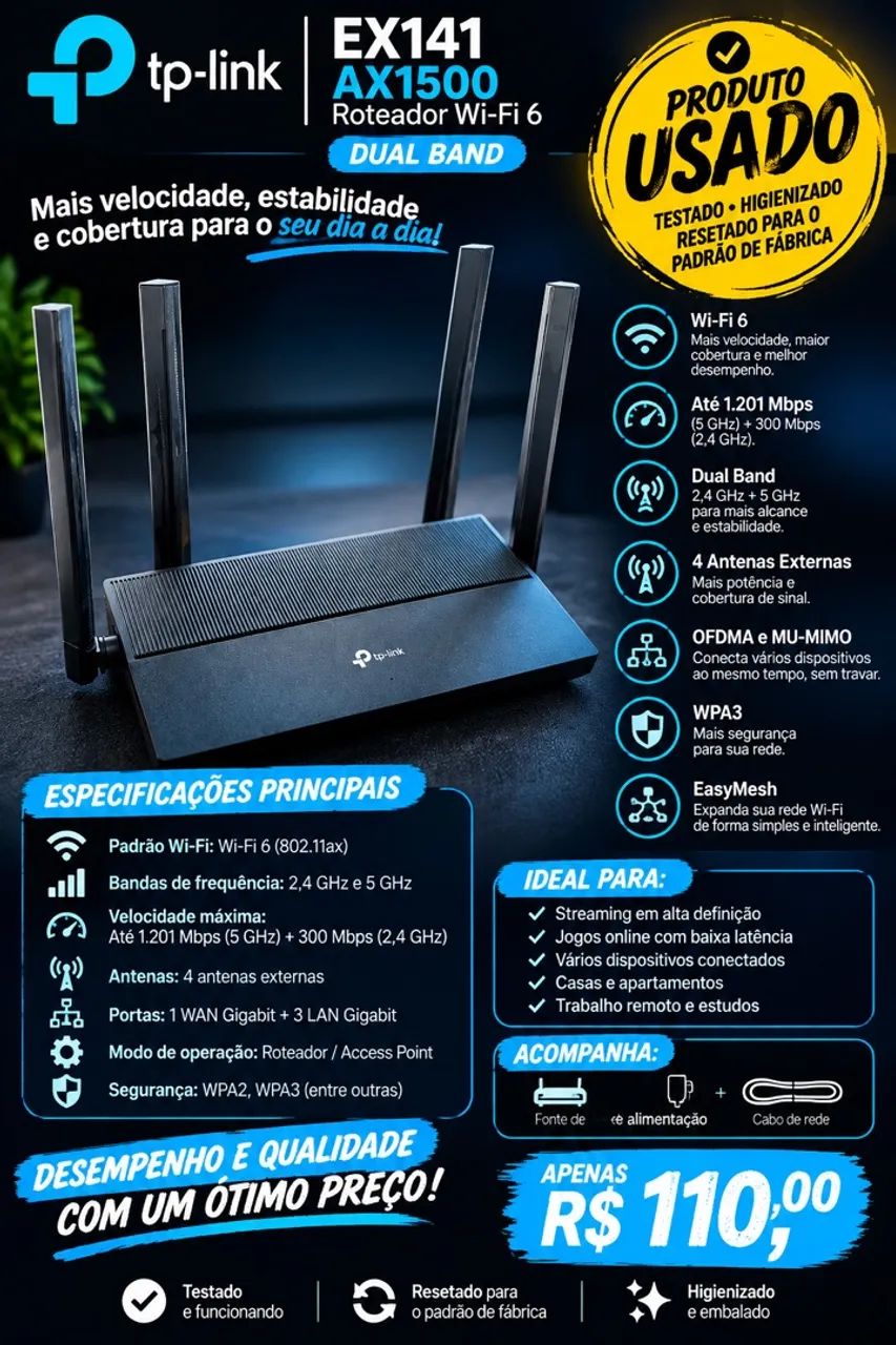 ROTEADOR TP-LINK EX141 AX1500 (usado)