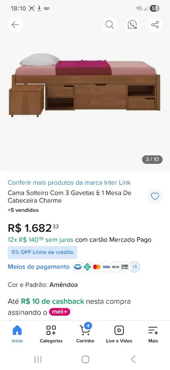 cama de solteiro Inter Link Charme, com 3 gavetas + mesa de cabeceira + colchão Ortobom. - Foto 5
