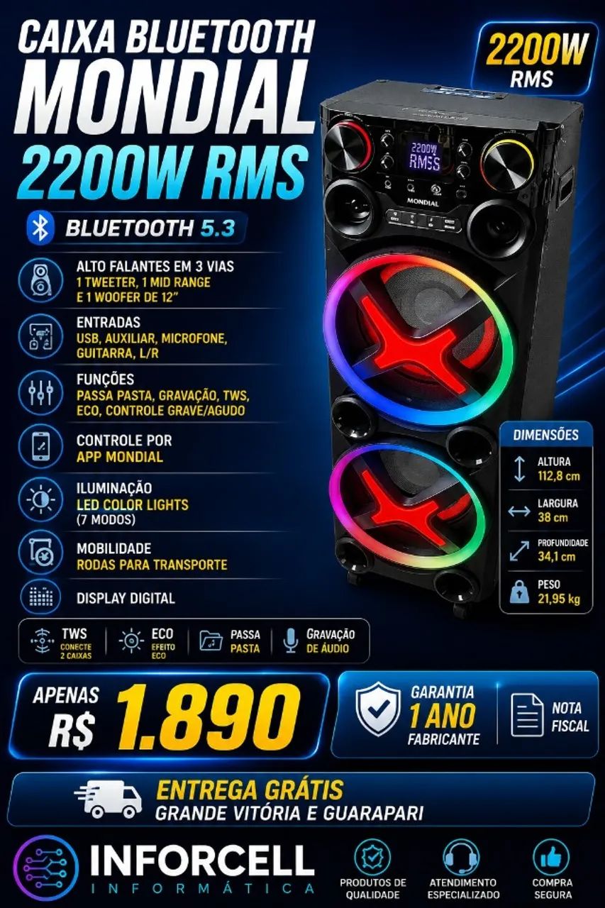 Torre de Som Bluetooth Mondial 2200w