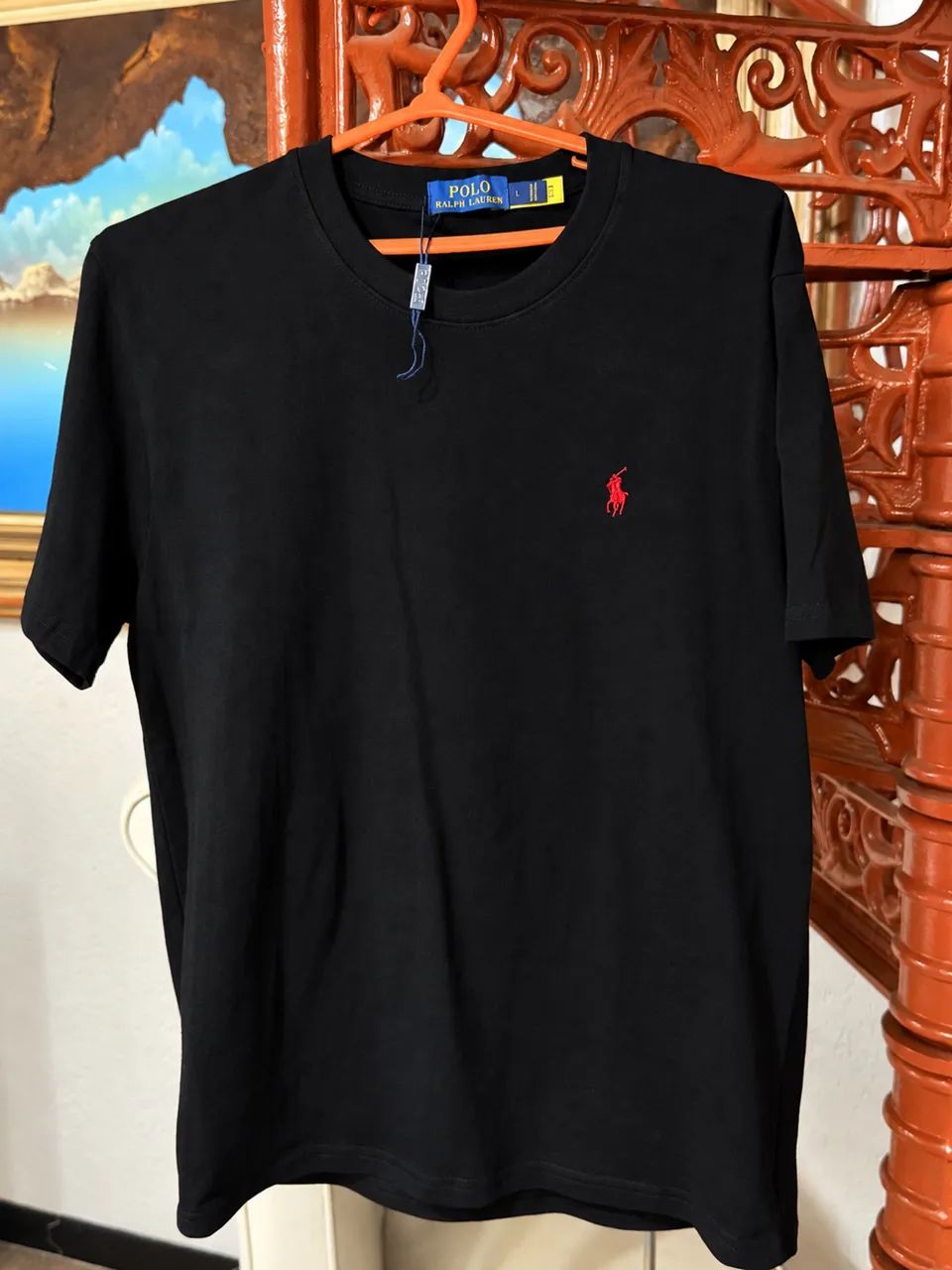 CAMISA RALPH LAUREN PRETA, PONY VERMELHO com QRcode da marca.