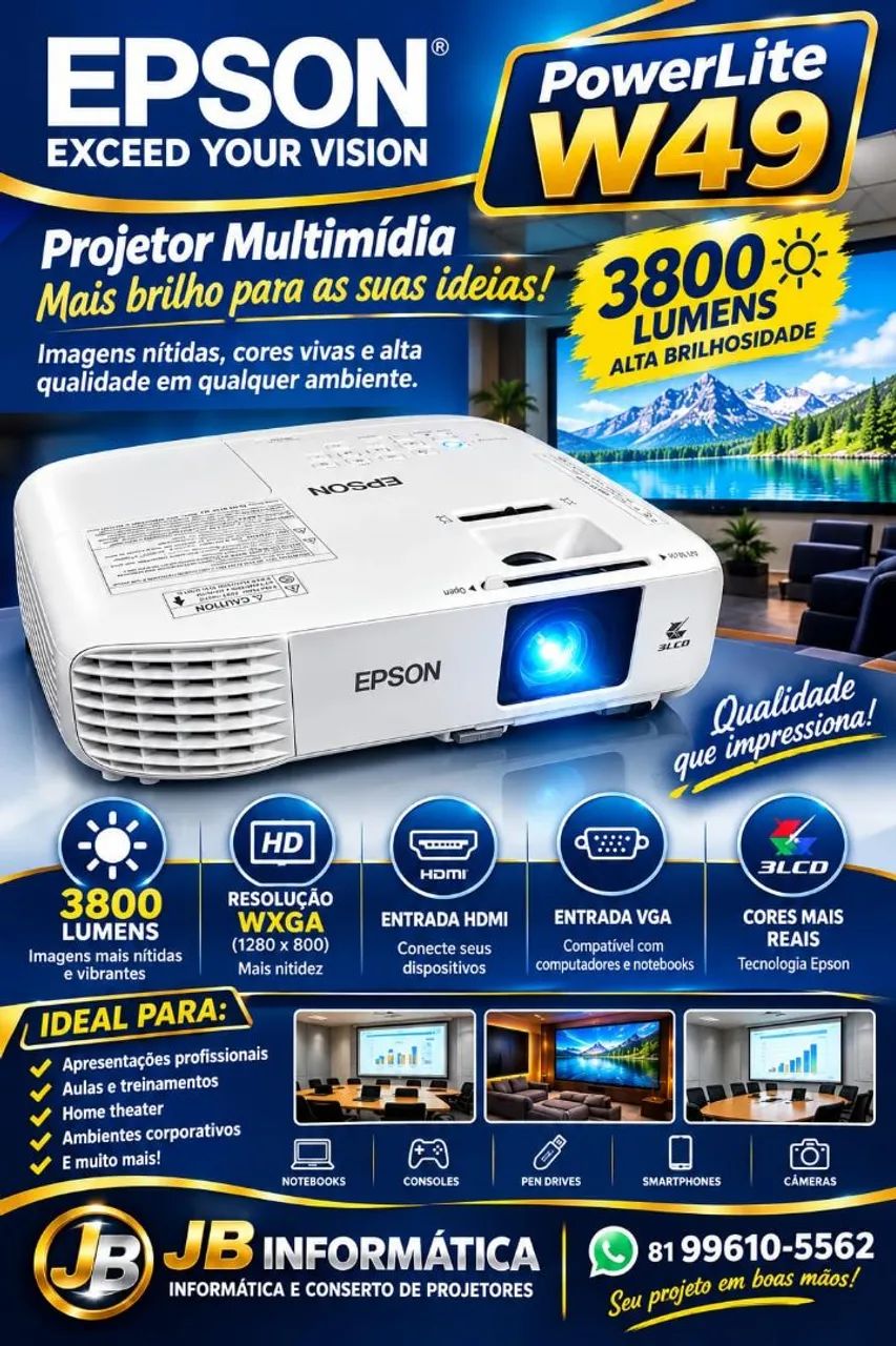Projetor Epson Power lite W49 3800 lumens 