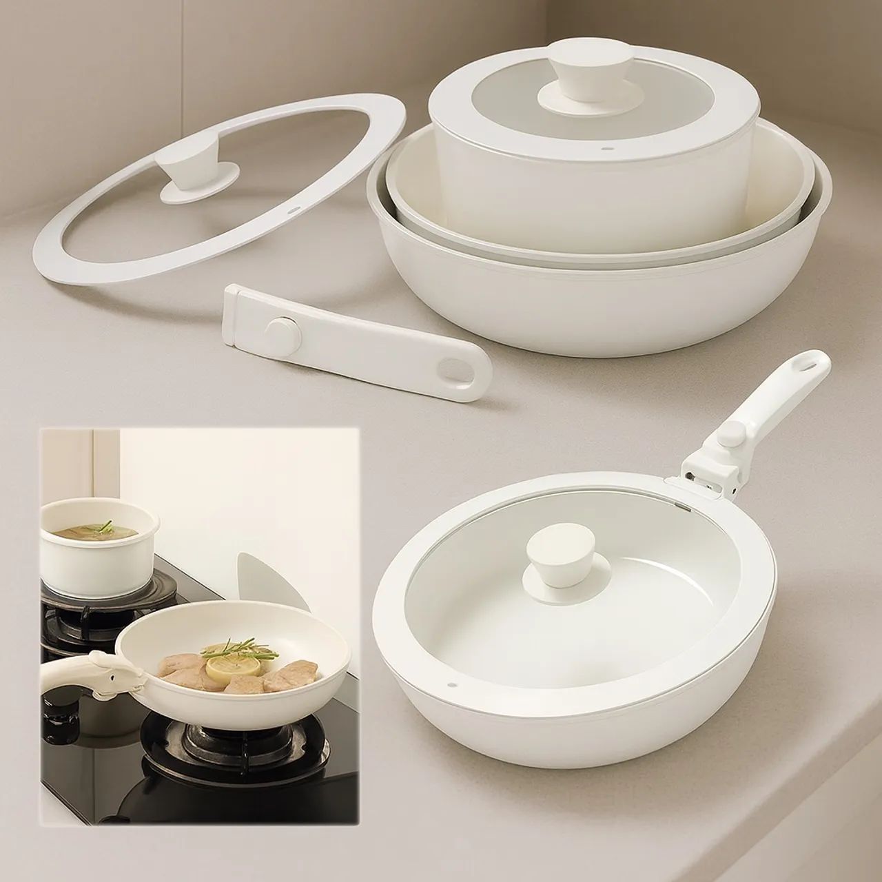 Jogo de Panela com cabo removível+ jogo de Utensílios 