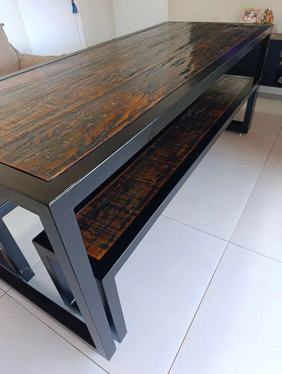 Mesa de ferro com madeira antiga 2,08x0,84m  - Foto 2