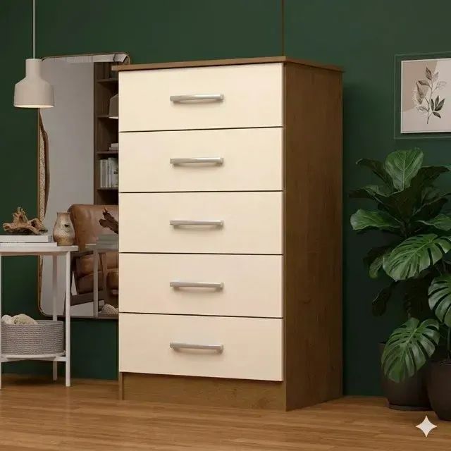 Cômoda Jamile Noce/Pérola com 5 Gavetas - Nova e com Pintura UV