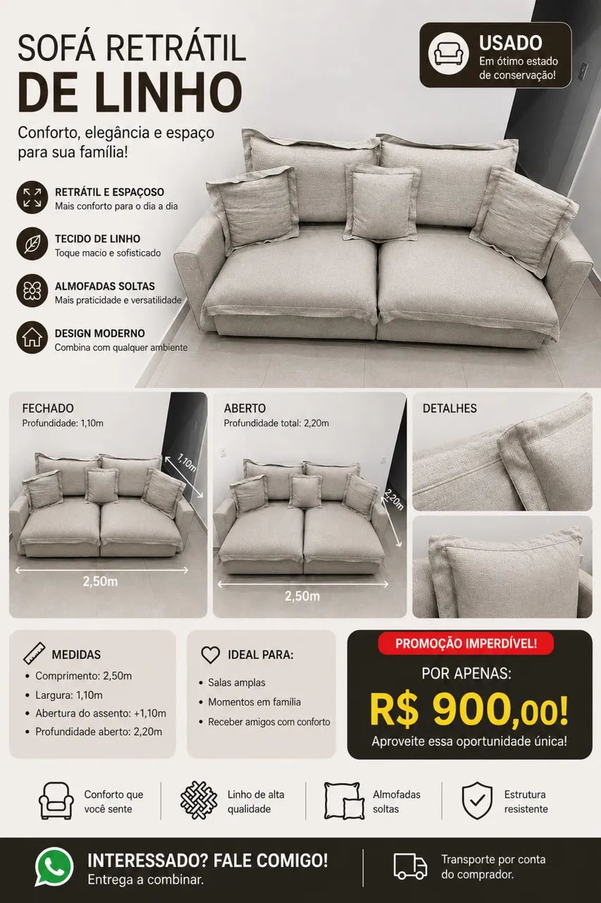 Sofá retrátil de linho