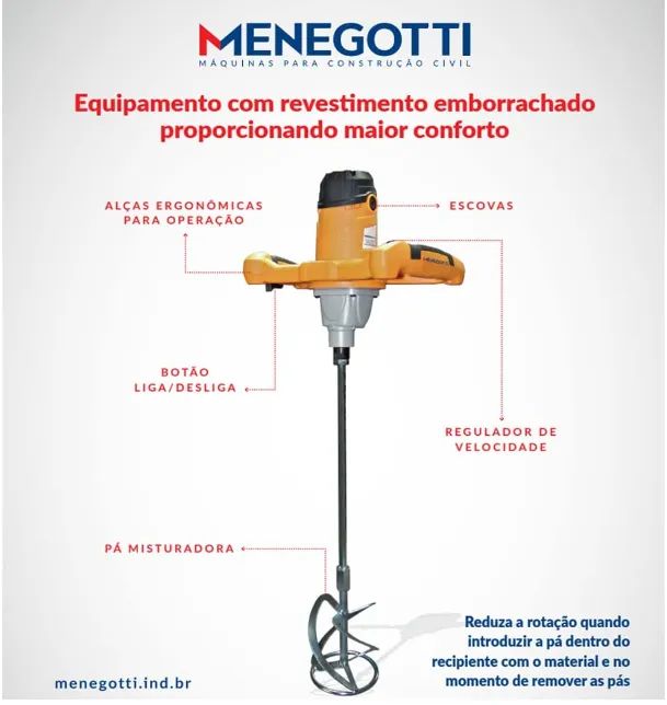 Misturador Batedor para argamassa tintas Elétrico MEL 1600 Menegotti 220v 60hz - Foto 3