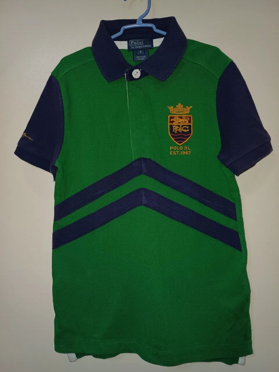 Polo infantil Ralph Lauren verde com azul, tam.6.