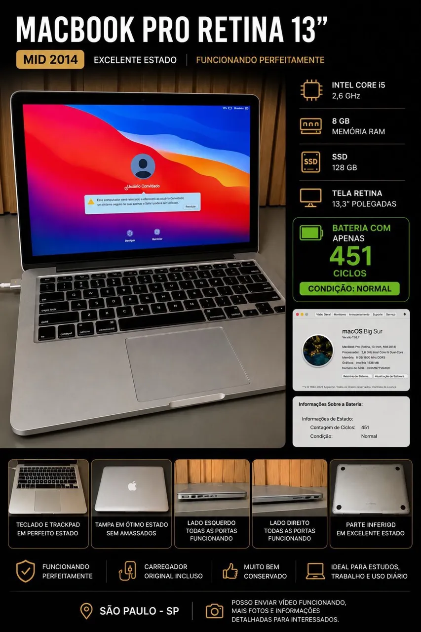 MacBook Pro 15 Retina (início 2013) core i7 - 16GB RAM - 512GB SSD