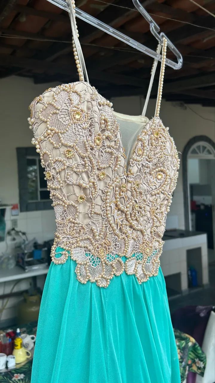 Vestido Longo Verde-Tiffany Bordado  - Foto 4