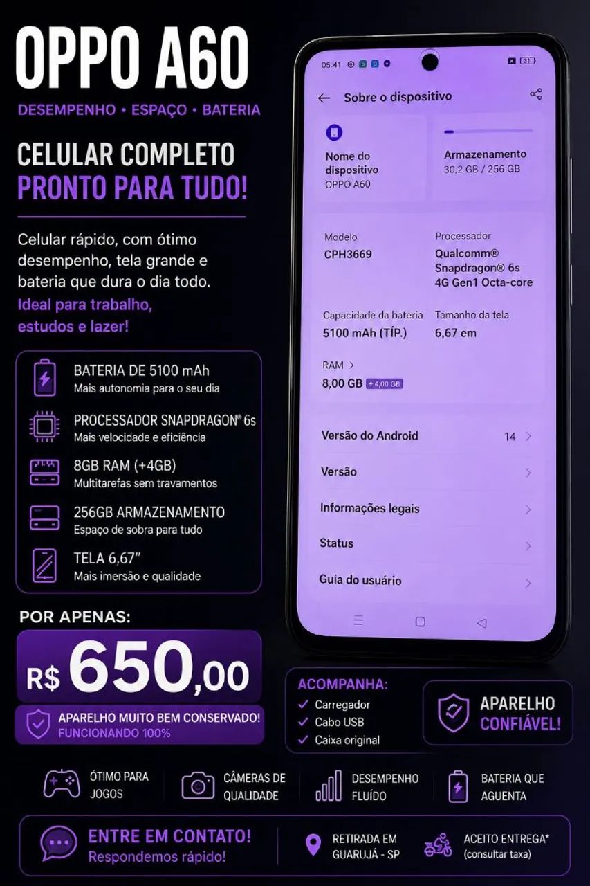 Smartphone oppo A60 256 de armazenamento 