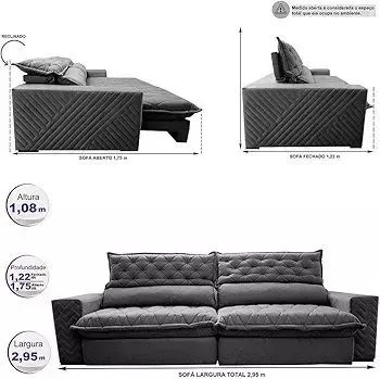 Sofá Retrátil e Reclinável 2,95m Molas Ensacadas Cama inBox Spazus com Bordado 3D Velusoft - Foto 3