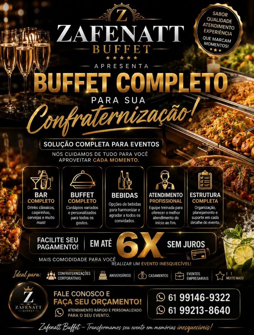 Buffet/bar completo/serviços de garçom e barman em 6x