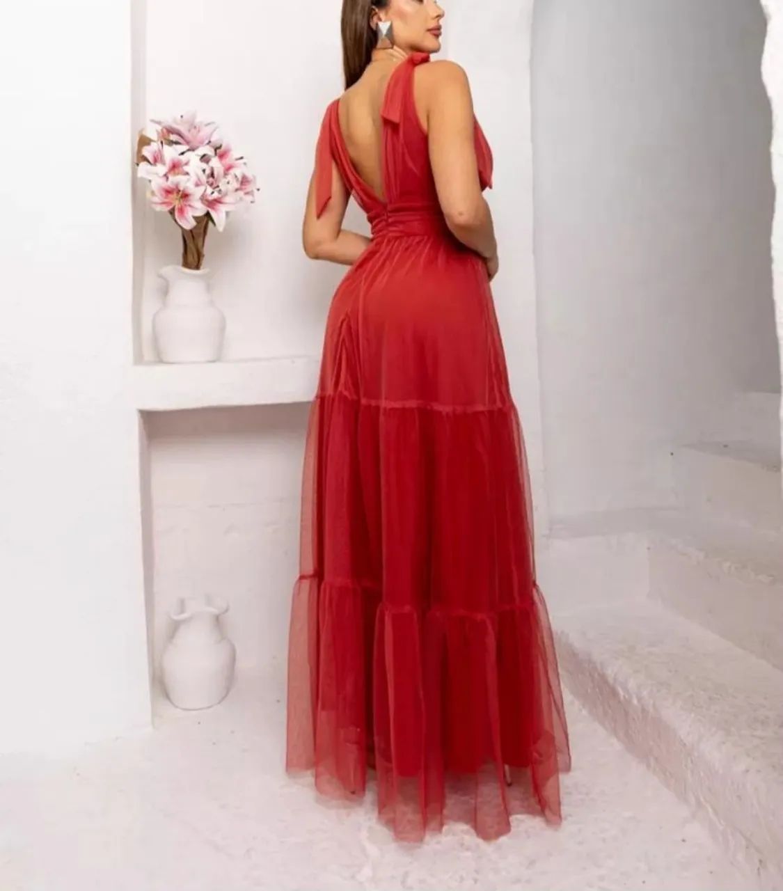 Vestido Longo terracota de Tule com Decote V - Foto 2