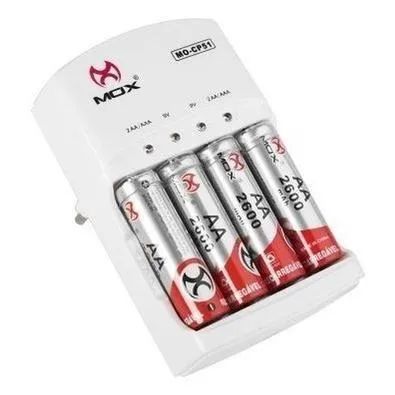 Carregador De Pilhas Novo Mox + 4 Pilhas Aa 2600mah - Mo-Cp51