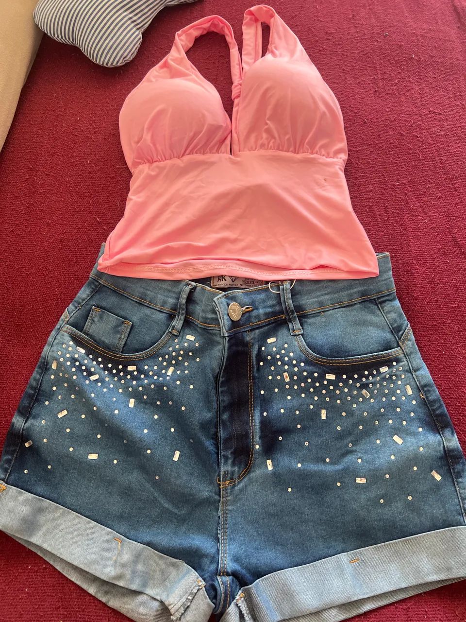 Conjunto short jeans + cropped tamanho único 