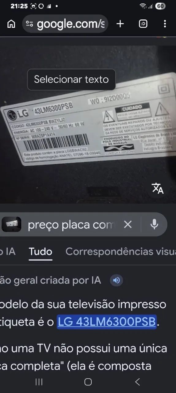 Placa completa TV LG.43 polegadas 