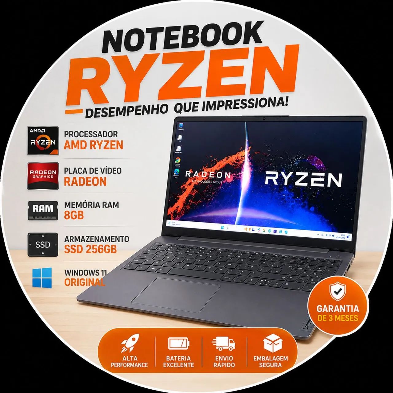 Lenovo Gamer Ryzen 5-5500U, Placa Video Amd Radeon 2gb, Ssd 256 Gb, 12 Gb Ram