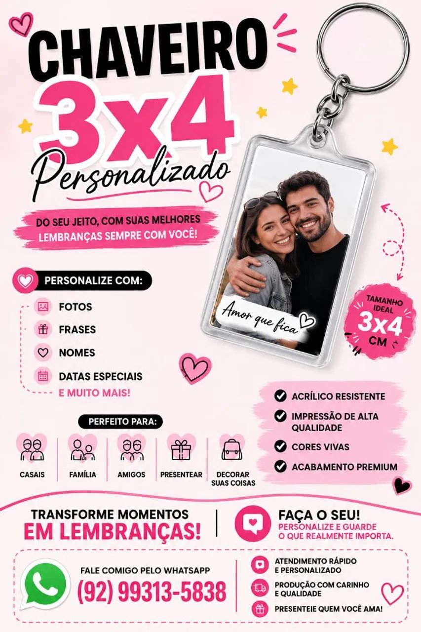 Chaveiro 3x4 personalizado 
