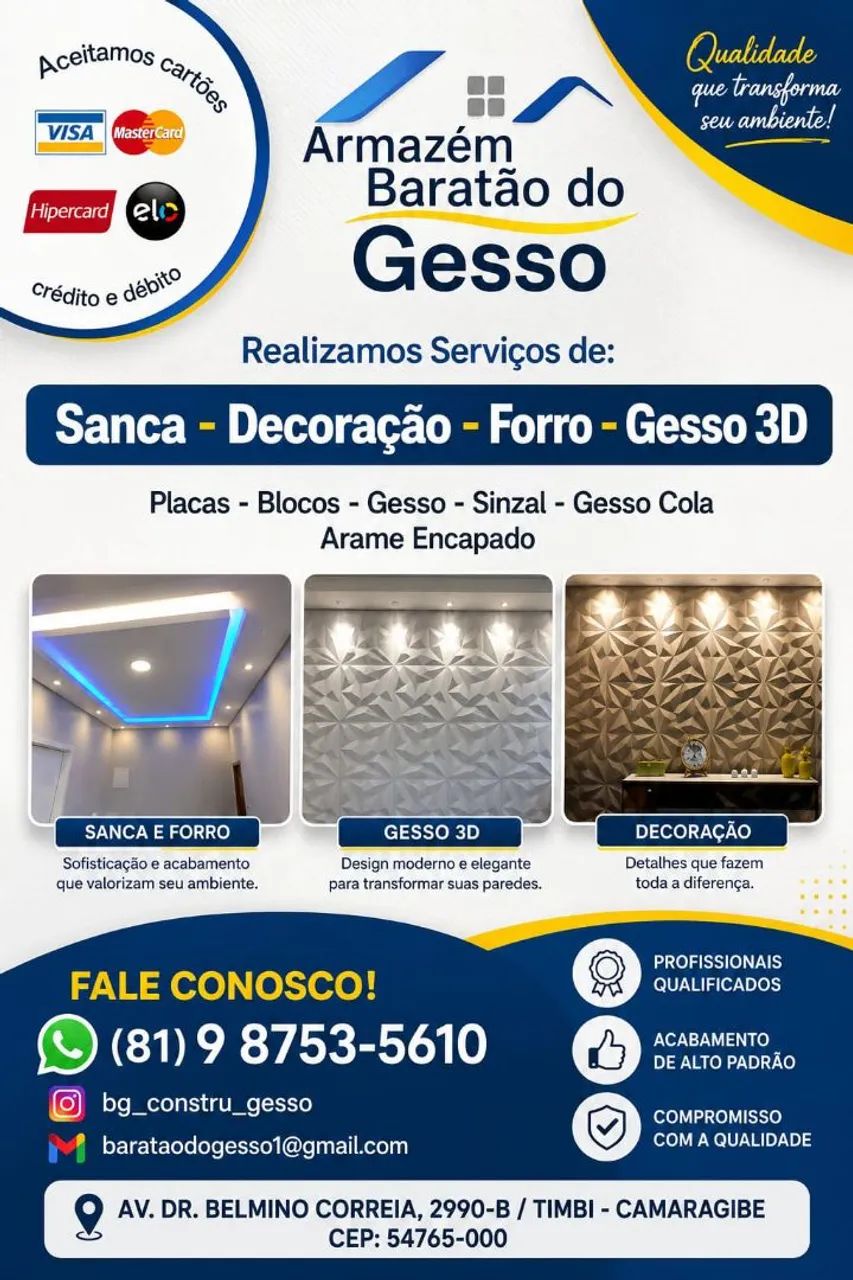 Gesso, Elétrica e Iluminação - Serviços e Venda de Materiais