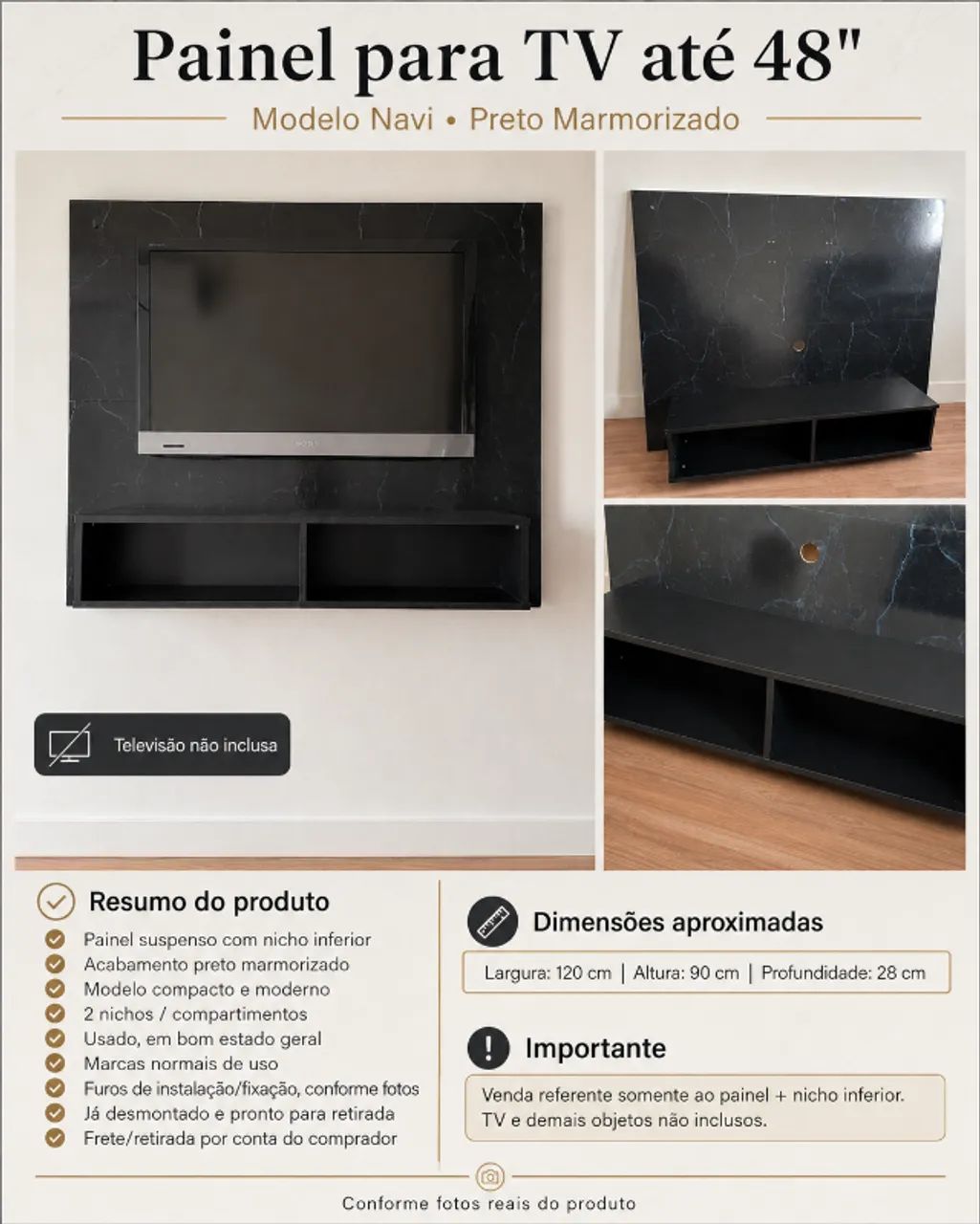 Painel para TV até 48 polegadas - Navi Bechara - Preto Marmorizado - Foto 5