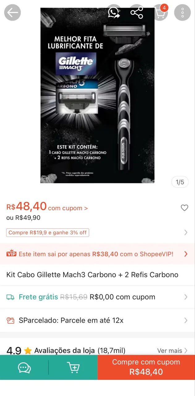 Gillete Mach3 Carbono Kit Cabo + 2 Refil - Foto 2