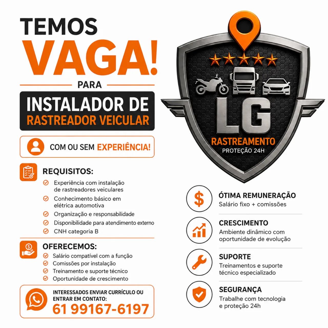 Vaga para instalador de rastreador veicular com ou sem experiência 