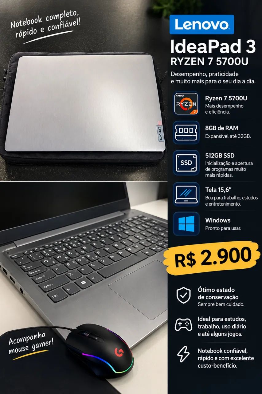 Lenovo IdeaPad 3 - Ryzen 7 5700U - Estado Perfeito - Foto 4