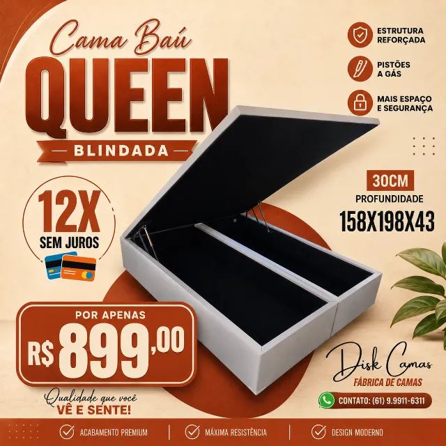 Cama Baú Queen com Pistão e Espaço Interno R$899