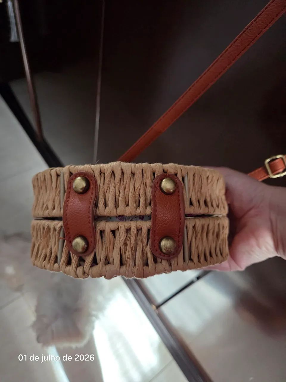 Bolsa de palha redonda com alça longa - Foto 4