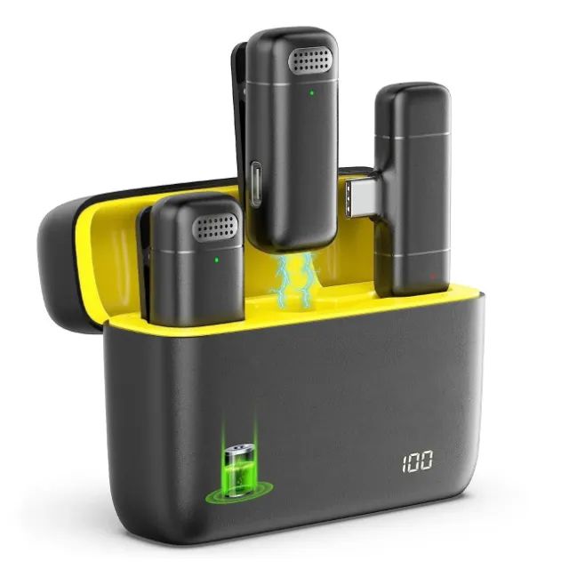 Microfone de Lapela USB-C Tipo C Duplo Sem Fio Caixa de Carregamento com Display