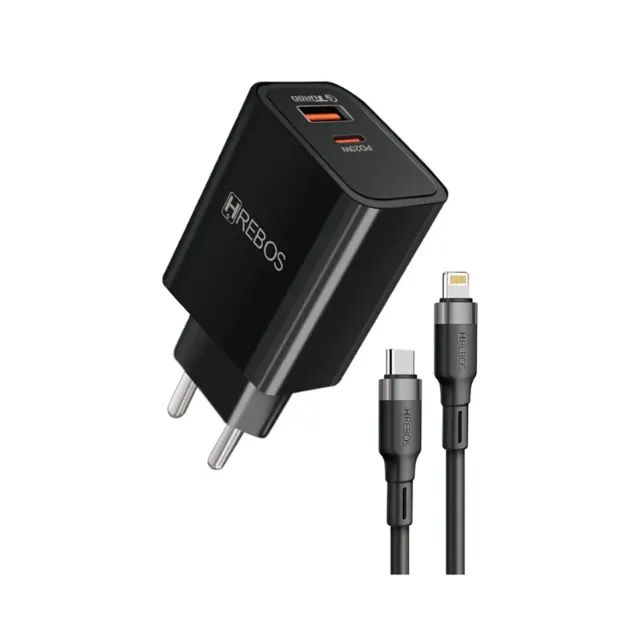 Carregador Hrebos Power Turbo USB-C/USB-A Type-C e Lightning, 20W/18W + Cabo - Preto - Foto 2
