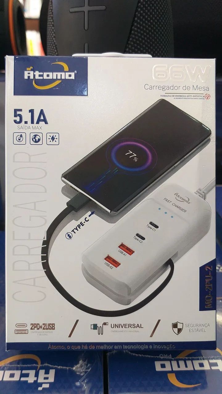 Carregador de Mesa Atomo 66W - Carregamento Rápido e Seguro