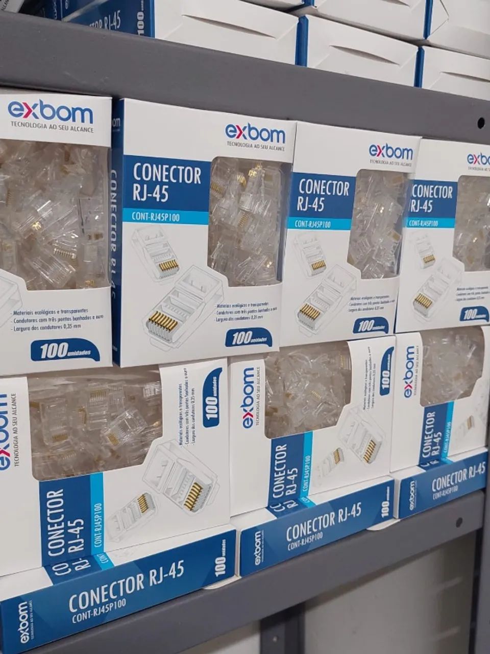 Noobi Informática | Conector RJ45 Cat5e Macho Exbom - Pacote com 100 unidades