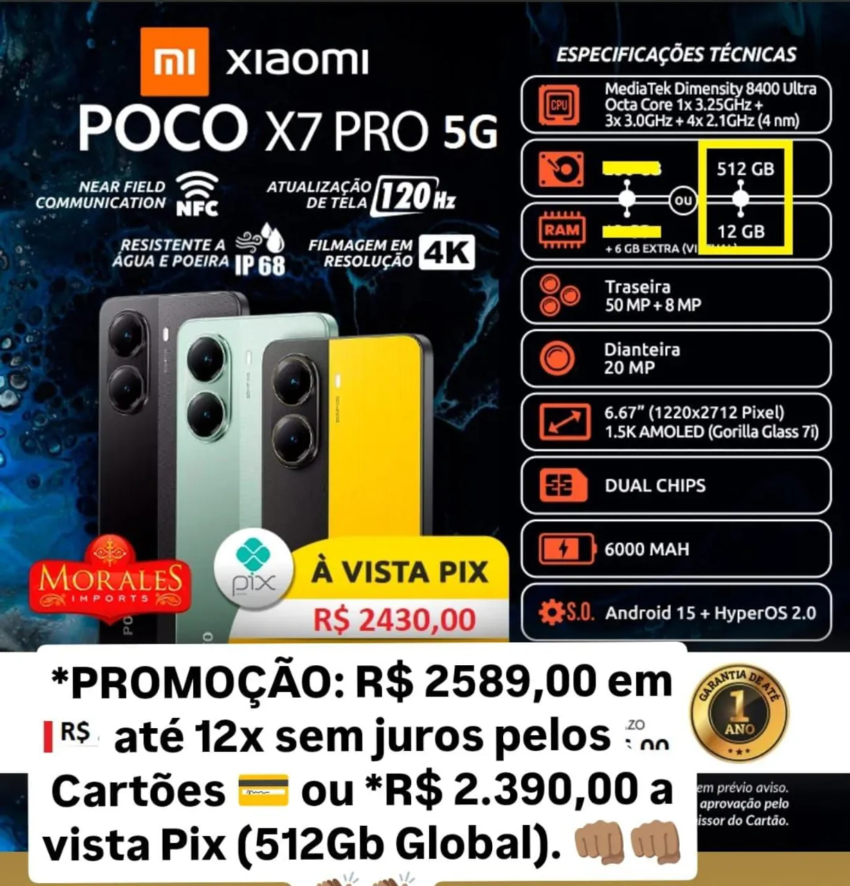 Smartphone XIAOMI POCO X7 Pro 5G 512Gb, 12Gb RAM, Global (Novo de Procedência e com NFe)