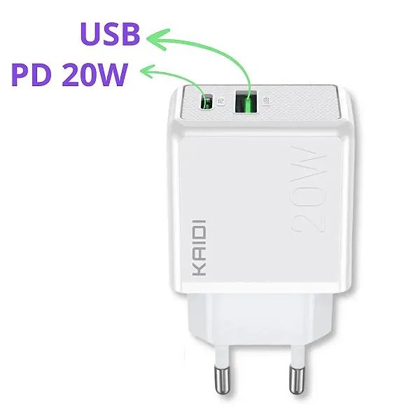 Carregador Turbo USB e Tipo C + Cabo Lightning para iPhone - Kaidi - Foto 3