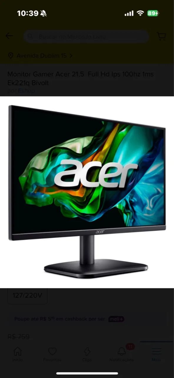 Monitor Gamer Acer 21,5 Full Hd Ips 100hz 1ms