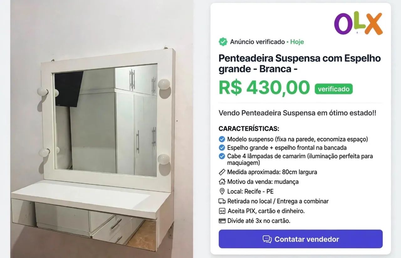 Penteadeira suspensa com espelho grande 