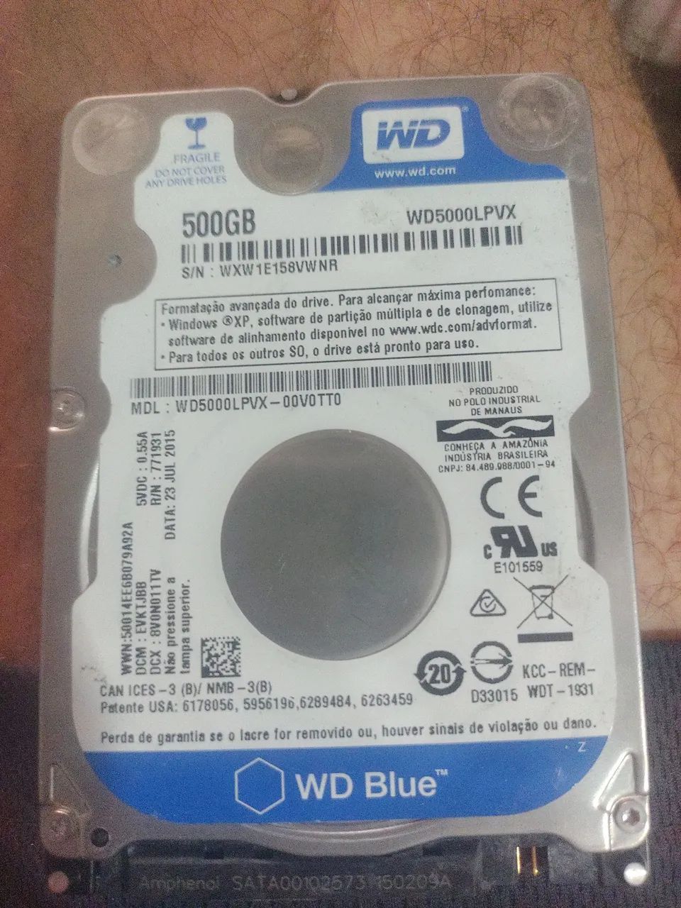 HD de notebook 500 gigas marca wd BLUE funcionando perfeitamente 