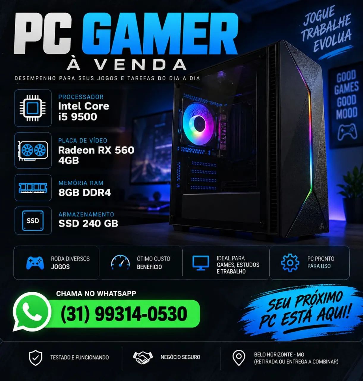 PC I5 9500, 8gb ram, 240gb SSD, RX 560 